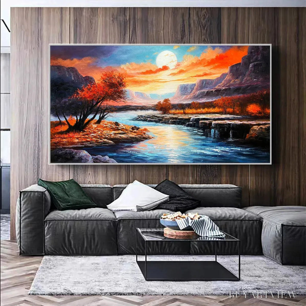 ARTOVITAS Autumn River – Landscape Painting of a River at Sunset, Mountains, and Autumn Trees, Modern - image 2