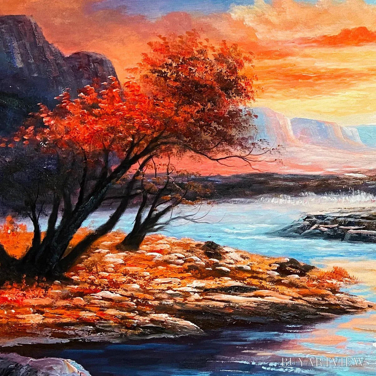 ARTOVITAS Autumn River – Landscape Painting of a River at Sunset, Mountains, and Autumn Trees, Modern - image 3