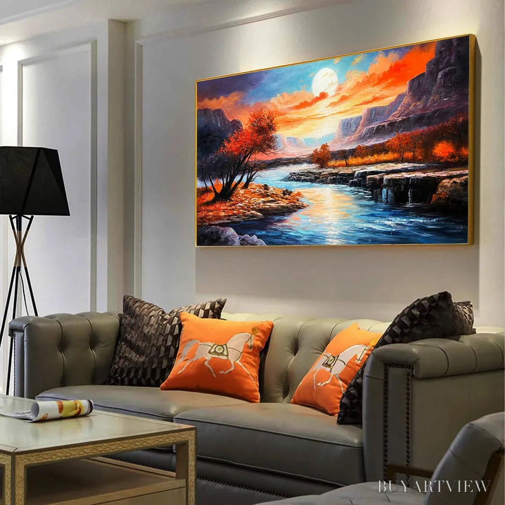 ARTOVITAS Autumn River – Landscape Painting of a River at Sunset, Mountains, and Autumn Trees, Modern - image 4