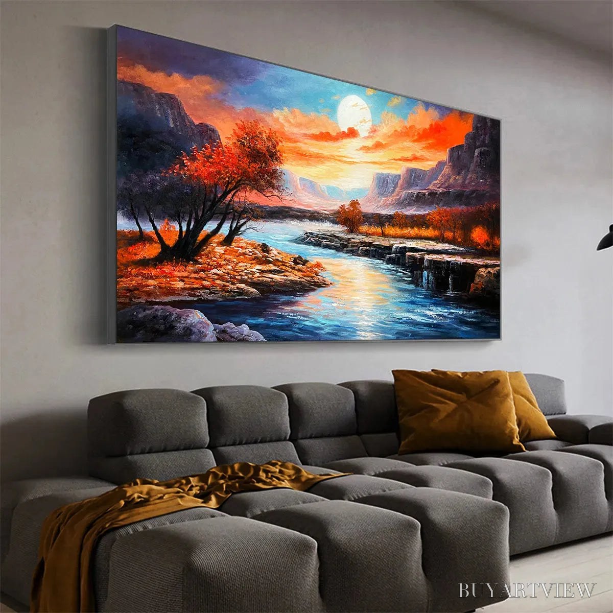 ARTOVITAS Autumn River – Landscape Painting of a River at Sunset, Mountains, and Autumn Trees, Modern - image 5