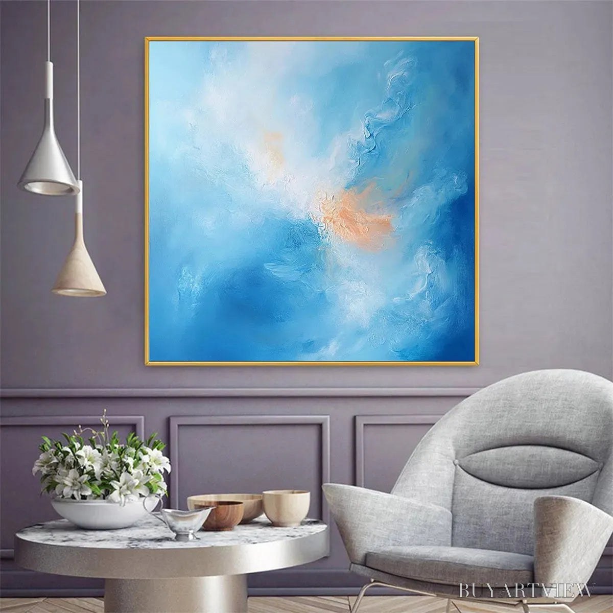 ARTOVITAS Skyscape Serenity – Abstract Blue and Peach Oil Painting - image 6