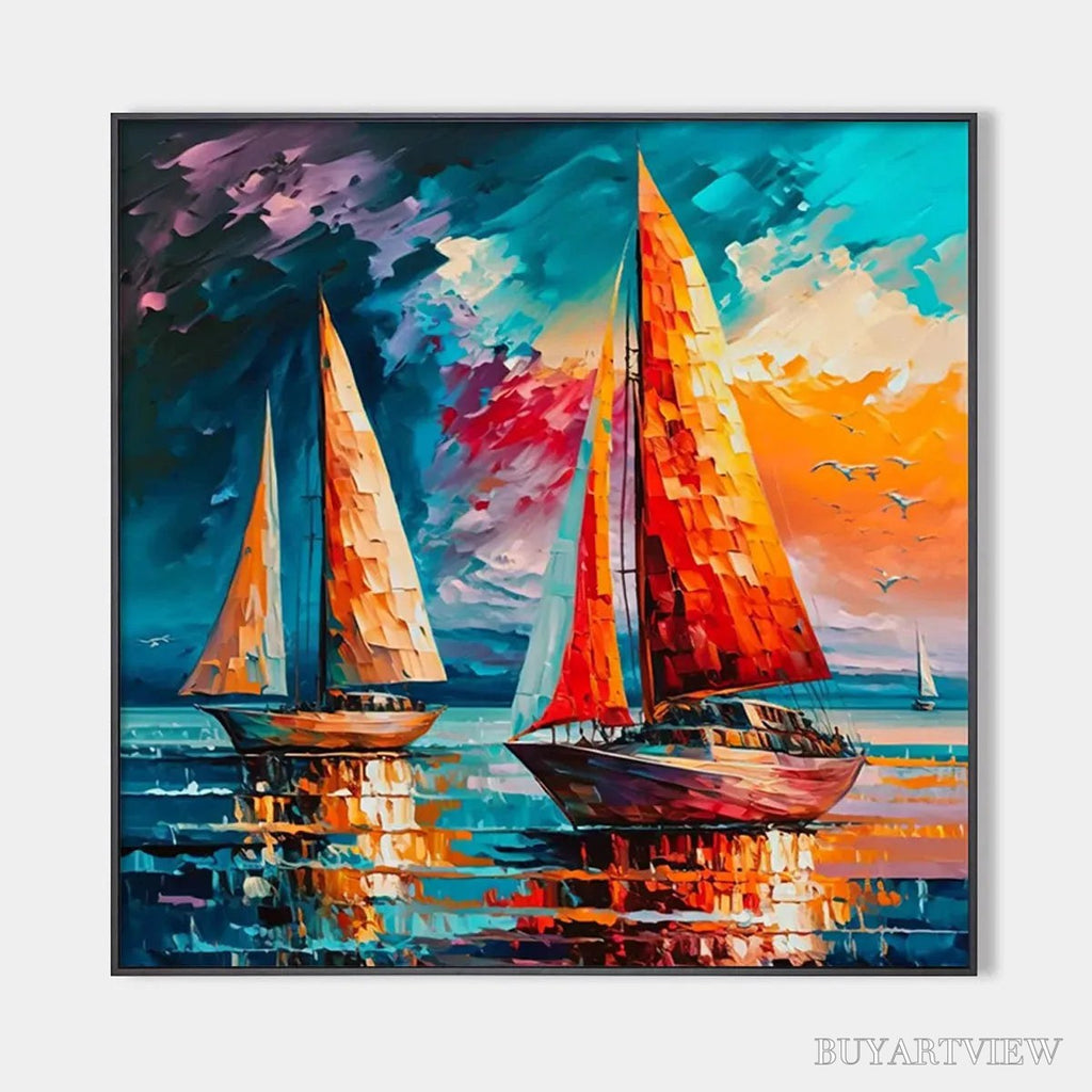 ARTOVITAS Evening Sail – Square Sailboat Painting, Colorful Sunset - image 1