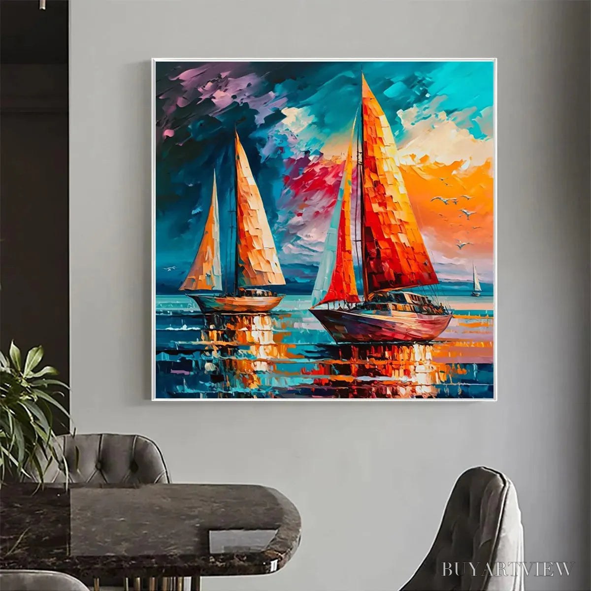 ARTOVITAS Evening Sail – Square Sailboat Painting, Colorful Sunset - image 2