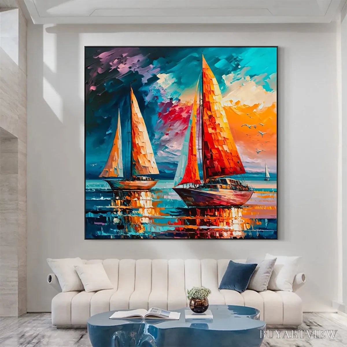 ARTOVITAS Evening Sail – Square Sailboat Painting, Colorful Sunset - image 4