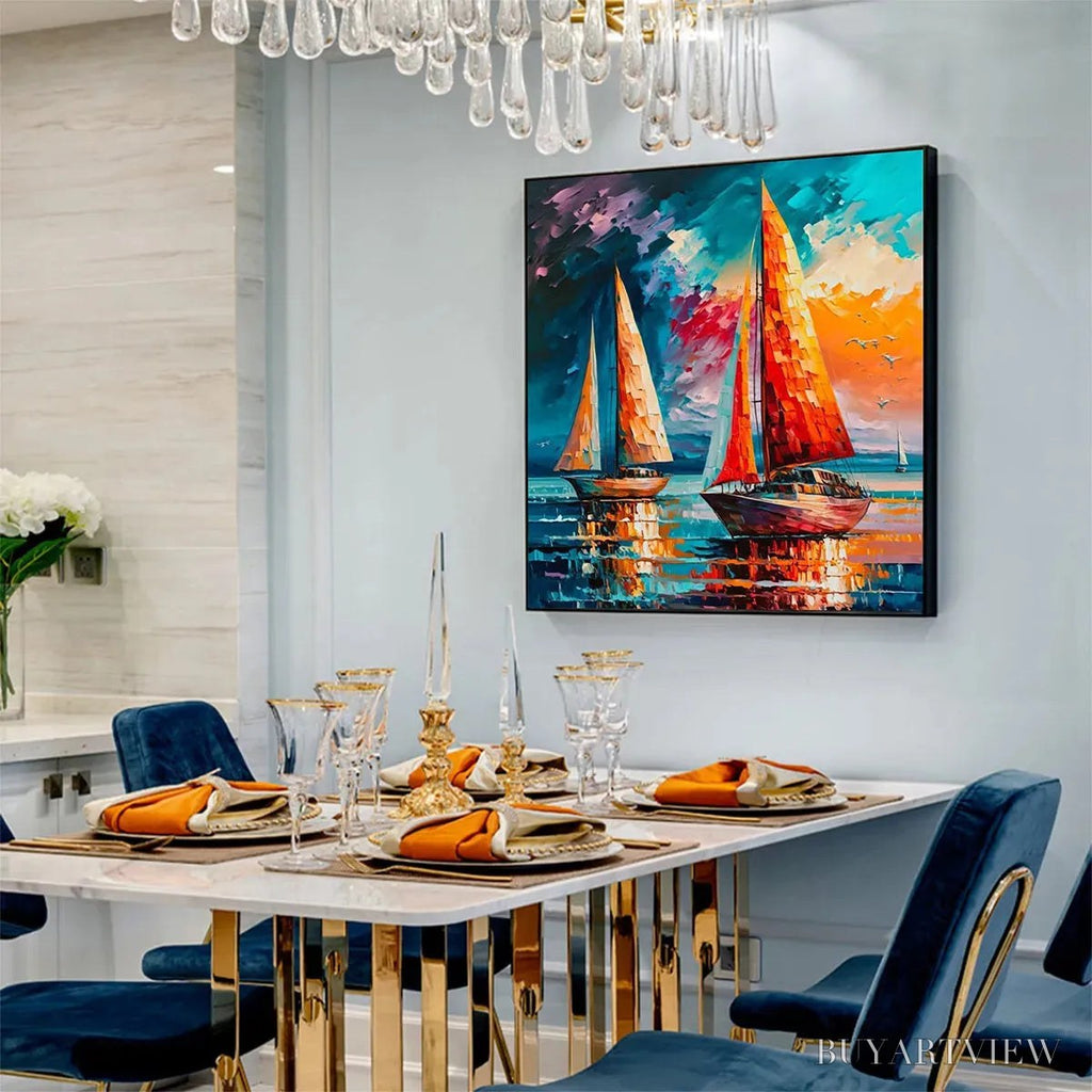 ARTOVITAS Evening Sail – Square Sailboat Painting, Colorful Sunset - image 5