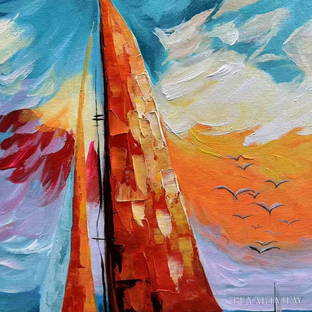 ARTOVITAS Evening Sail – Square Sailboat Painting, Colorful Sunset - image 6