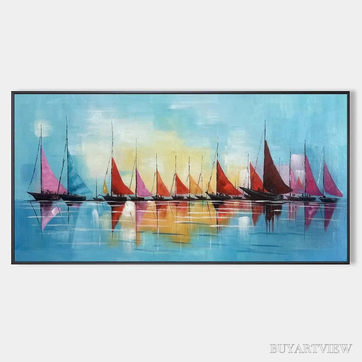 ARTOVITAS Regatta – Colorful Sailboats Painting, Blue and Orange , Horizontal Canvas, Coastal Decor - image 1