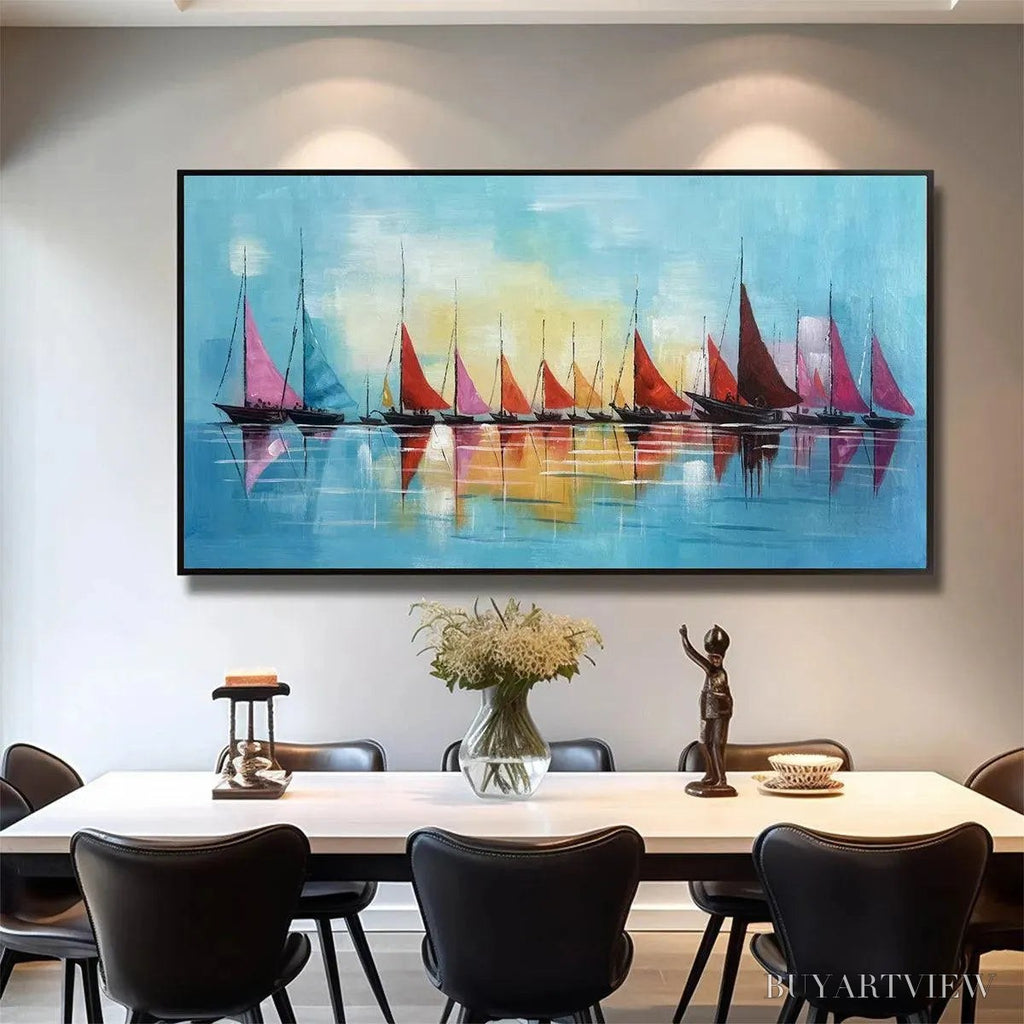 ARTOVITAS Regatta – Colorful Sailboats Painting, Blue and Orange , Horizontal Canvas, Coastal Decor - image 2