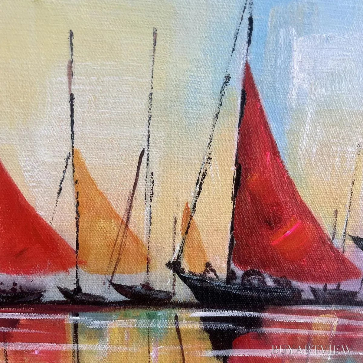 ARTOVITAS Regatta – Colorful Sailboats Painting, Blue and Orange , Horizontal Canvas, Coastal Decor - image 3