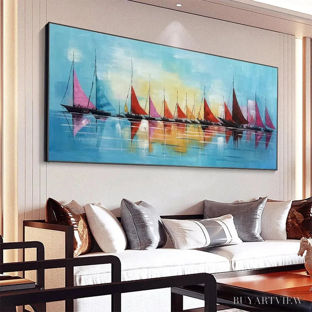 ARTOVITAS Regatta – Colorful Sailboats Painting, Blue and Orange , Horizontal Canvas, Coastal Decor - image 4