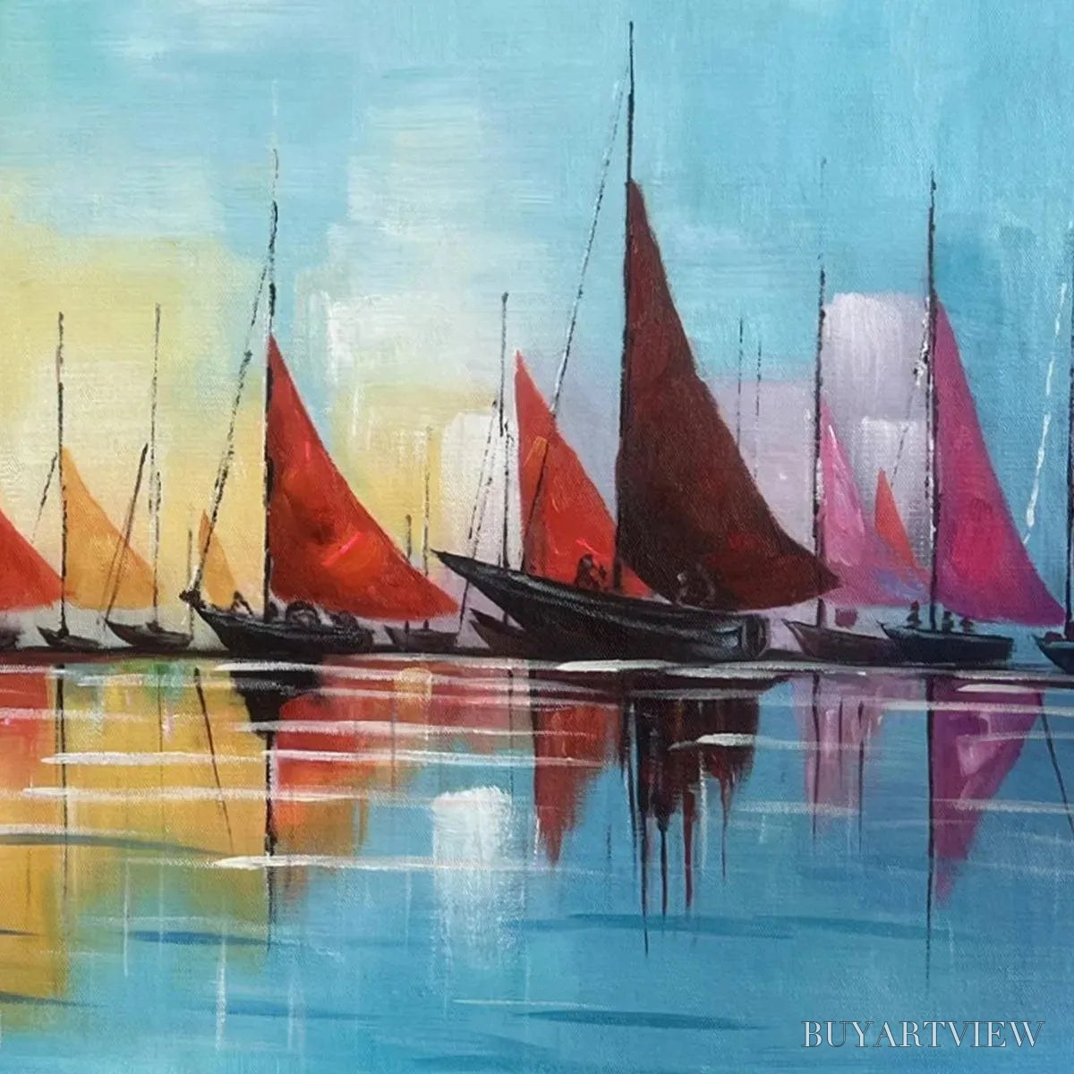 ARTOVITAS Regatta – Colorful Sailboats Painting, Blue and Orange , Horizontal Canvas, Coastal Decor - image 5