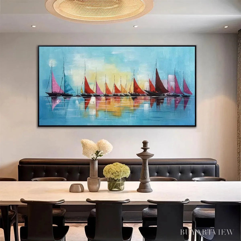 ARTOVITAS Regatta – Colorful Sailboats Painting, Blue and Orange , Horizontal Canvas, Coastal Decor - image 6
