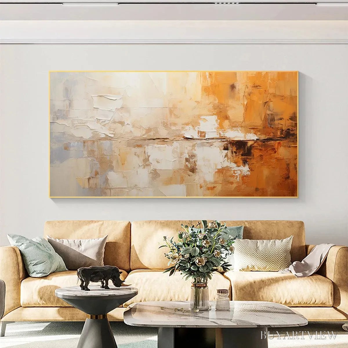 ARTOVITAS Desert Dusk – Panoramic Abstract Painting in Orange and Beige, Textured Canvas, Modern - image 4