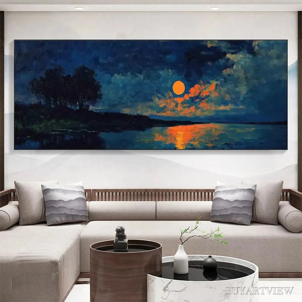 ARTOVITAS Harvest Moon Over the Lake Panoramic – Landscape Painting, Panoramic , Moonlit Lake Decor - image 2