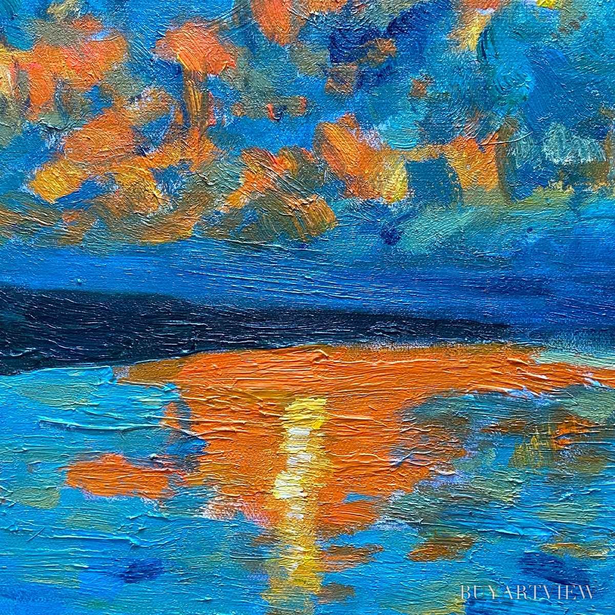 ARTOVITAS Harvest Moon Over the Lake Panoramic – Landscape Painting, Panoramic , Moonlit Lake Decor - image 3
