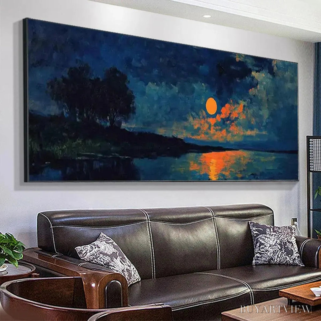 ARTOVITAS Harvest Moon Over the Lake Panoramic – Landscape Painting, Panoramic , Moonlit Lake Decor - image 5