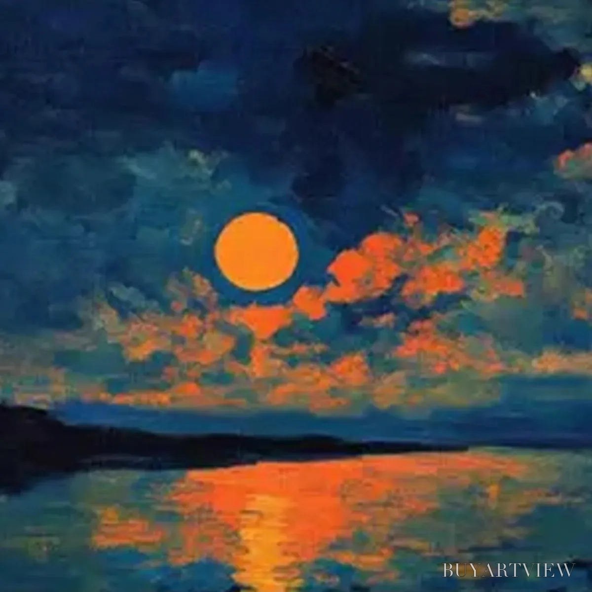ARTOVITAS Harvest Moon Over the Lake Panoramic – Landscape Painting, Panoramic , Moonlit Lake Decor - image 6