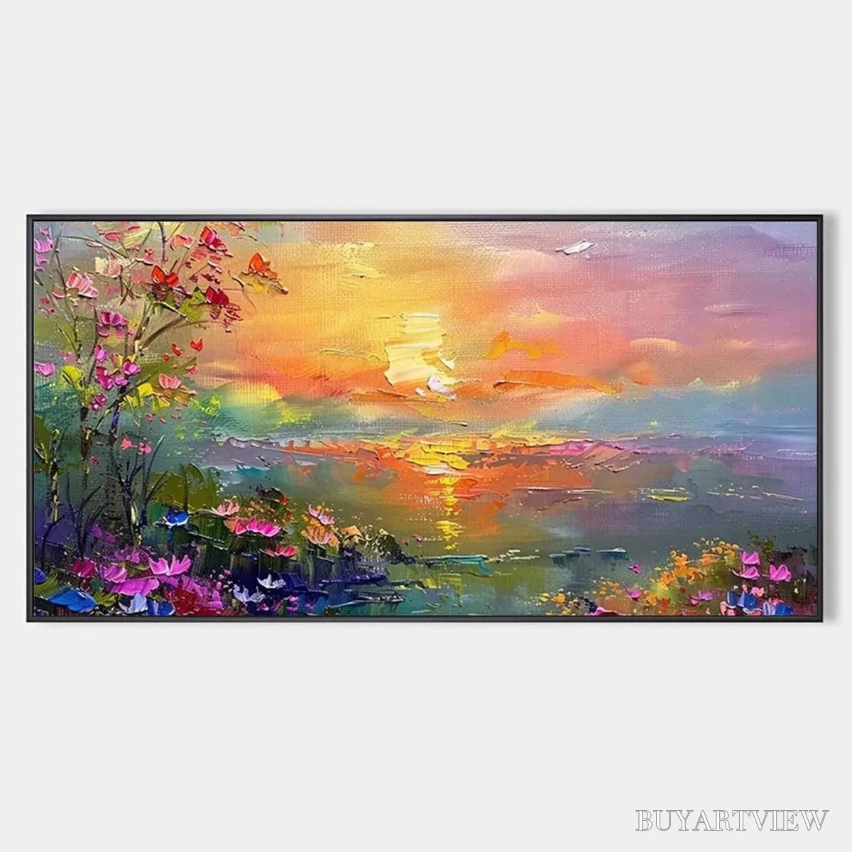 ARTOVITAS Watercolor Sunset – Impressionistic Landscape Painting with Sunset and Flowers - image 1