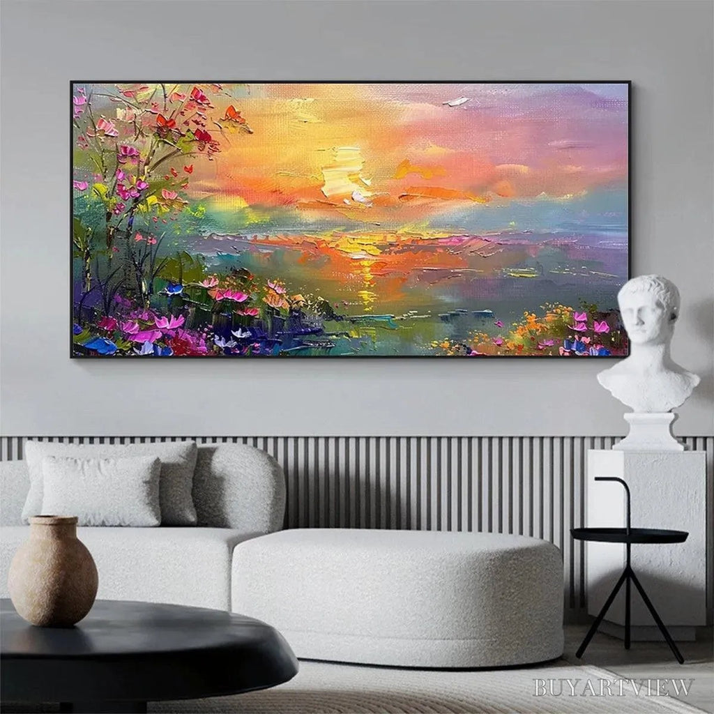 ARTOVITAS Watercolor Sunset – Impressionistic Landscape Painting with Sunset and Flowers - image 2