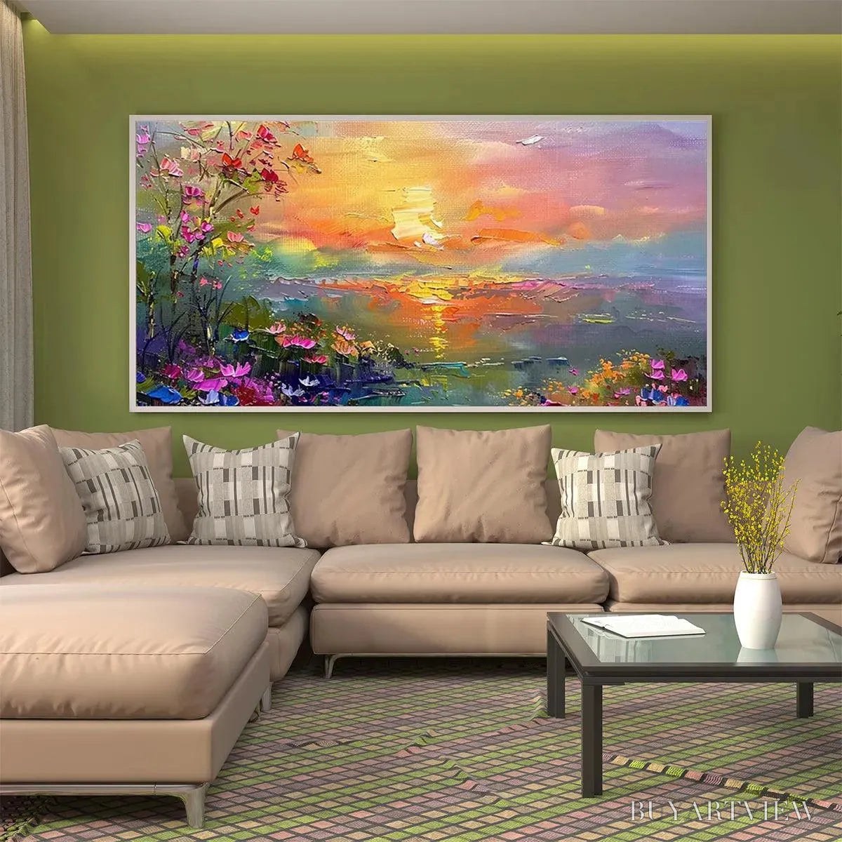 ARTOVITAS Watercolor Sunset – Impressionistic Landscape Painting with Sunset and Flowers - image 5
