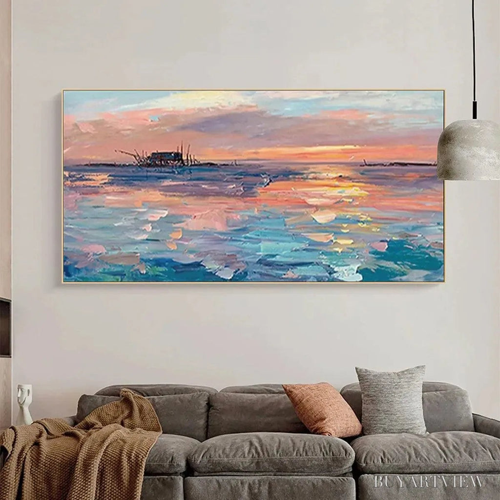 ARTOVITAS Dusk Reflections – Panoramic Coastal Sunset Painting, Minimalist - image 2