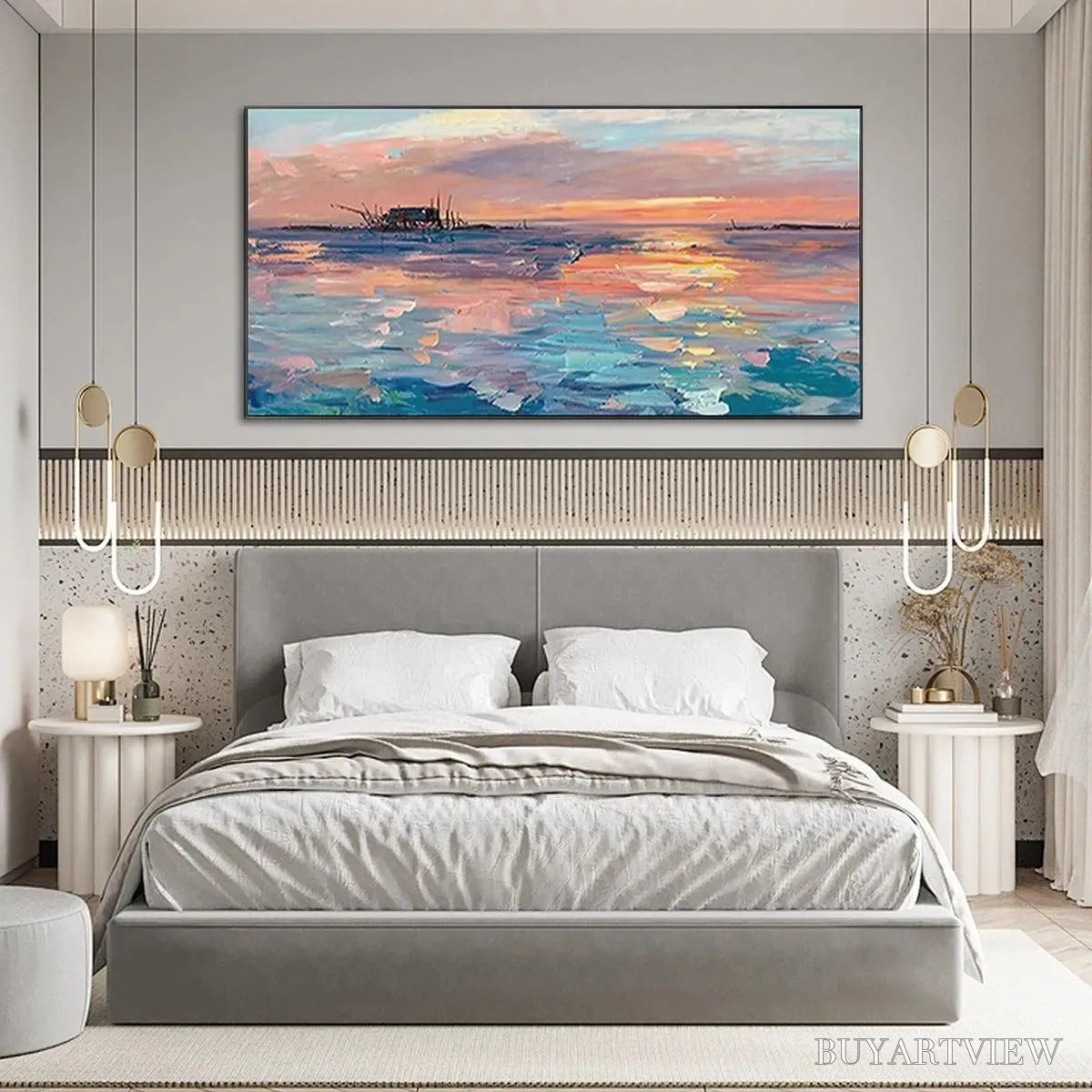 ARTOVITAS Dusk Reflections – Panoramic Coastal Sunset Painting, Minimalist - image 3