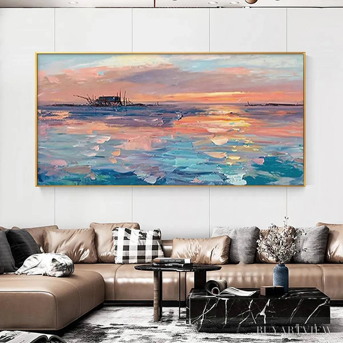 ARTOVITAS Dusk Reflections – Panoramic Coastal Sunset Painting, Minimalist - image 5