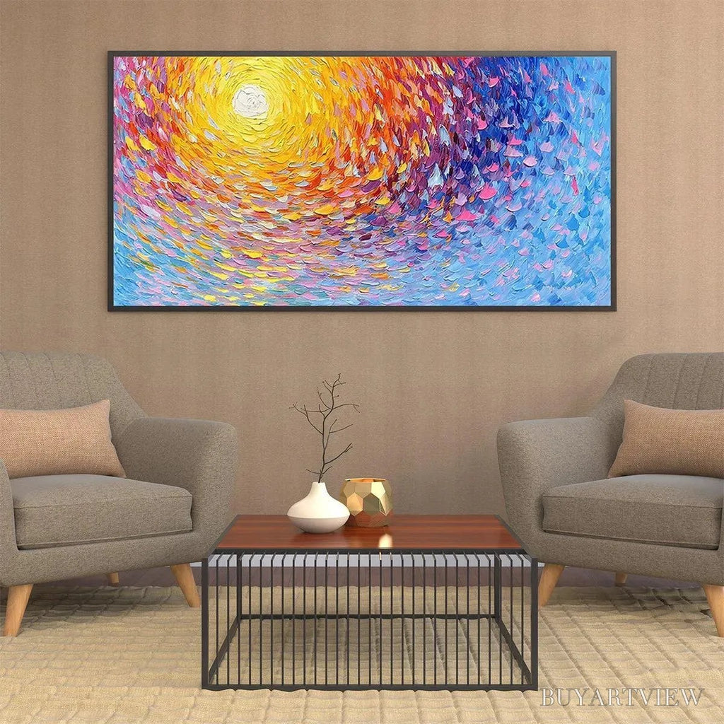 ARTOVITAS Sunrise Serenade – Textured Abstract Sunrise Painting in Yellow and Blue - image 6
