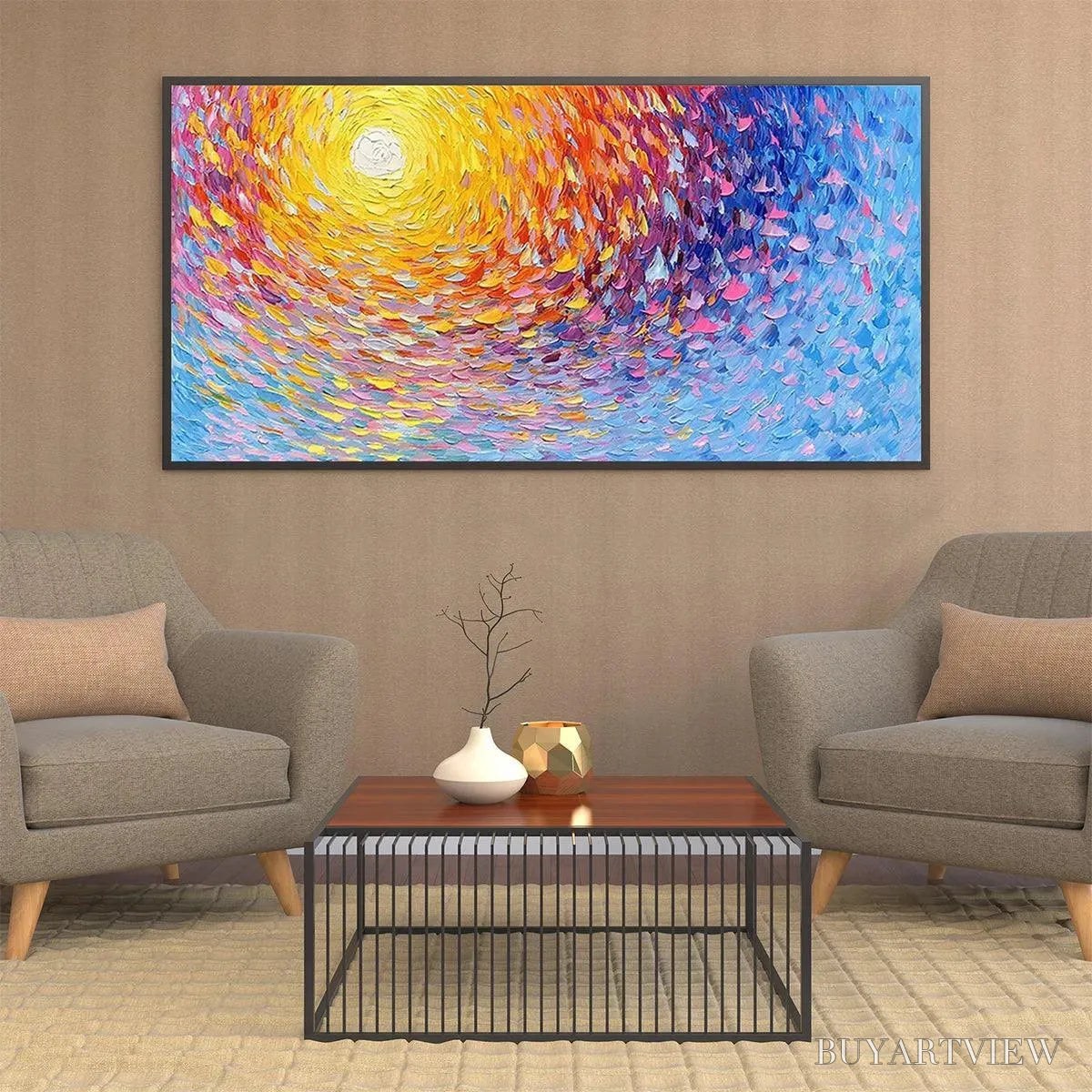 ARTOVITAS Sunrise Serenade – Textured Abstract Sunrise Painting in Yellow and Blue - image 6