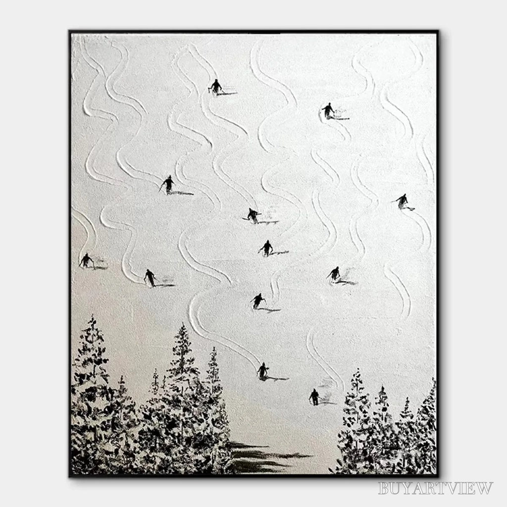 ARTOVITAS Snow Dance – Minimalist Skiing Painting on Textured Square Canvas - image 1