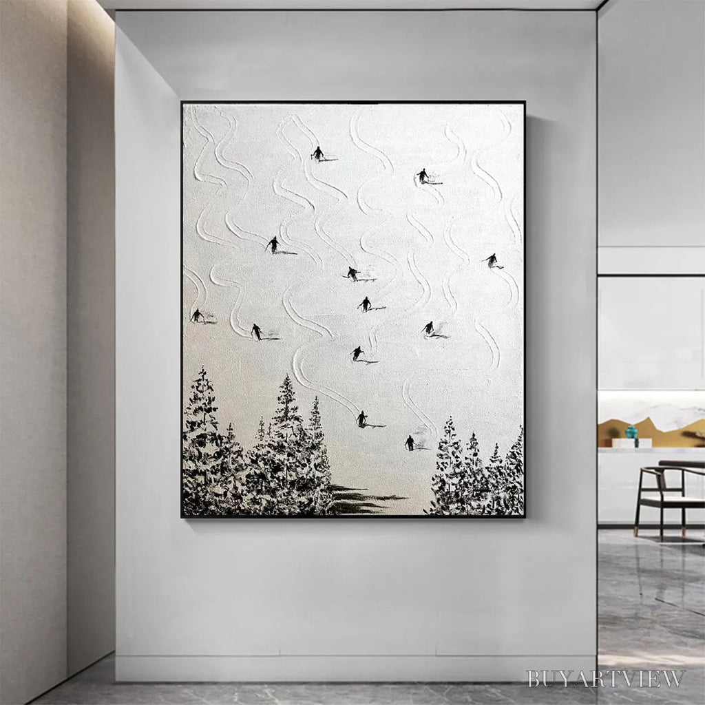 ARTOVITAS Snow Dance – Minimalist Skiing Painting on Textured Square Canvas - image 2