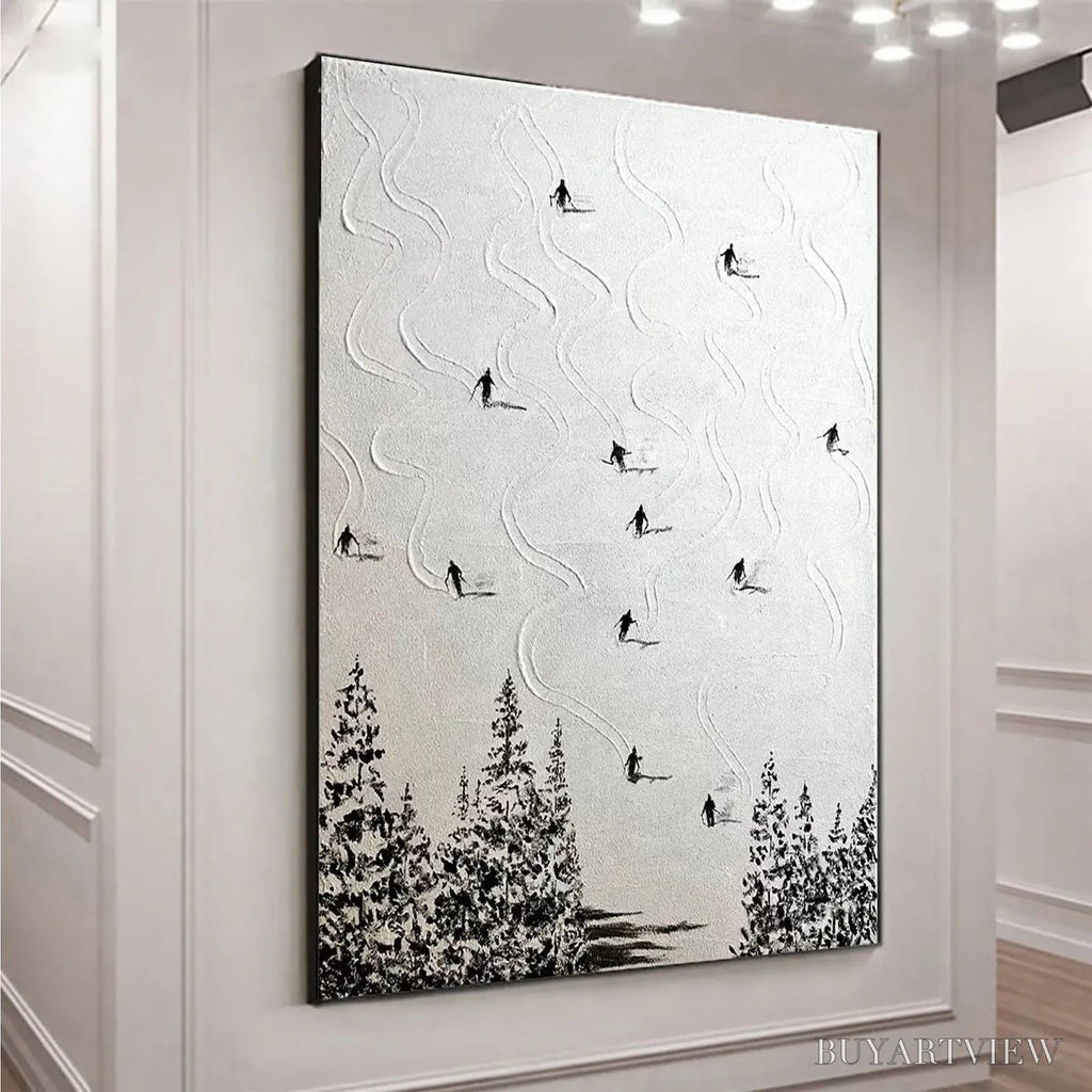 ARTOVITAS Snow Dance – Minimalist Skiing Painting on Textured Square Canvas - image 4