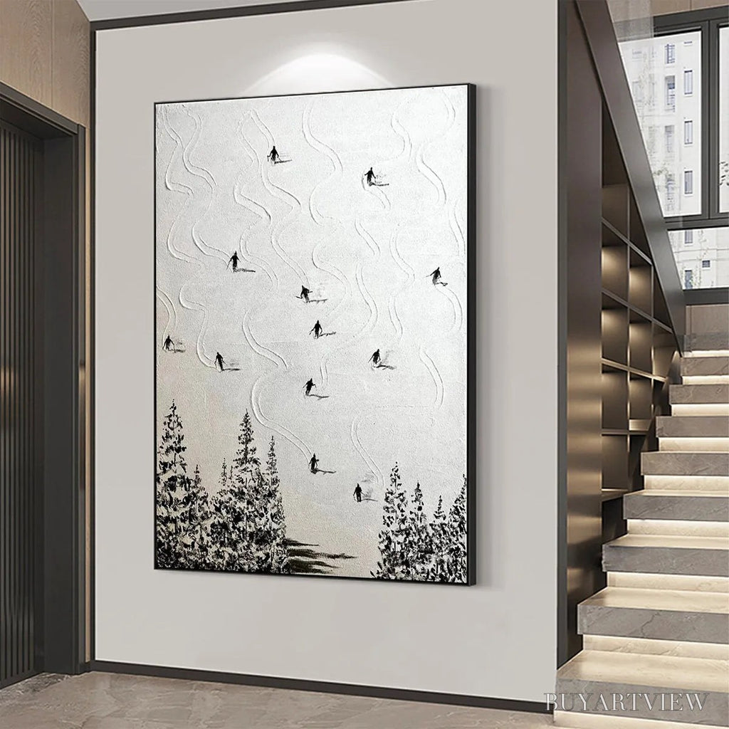 ARTOVITAS Snow Dance – Minimalist Skiing Painting on Textured Square Canvas - image 5