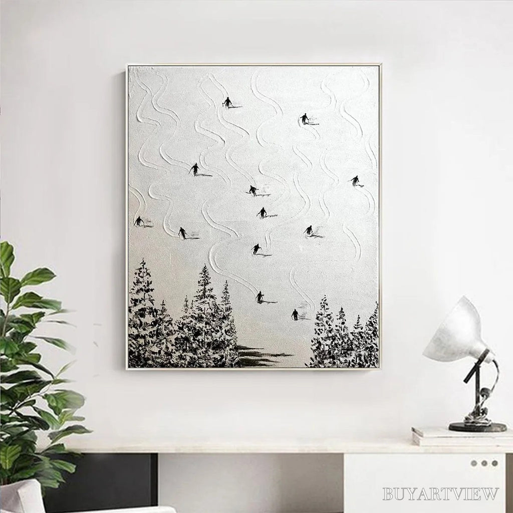 ARTOVITAS Snow Dance – Minimalist Skiing Painting on Textured Square Canvas - image 6