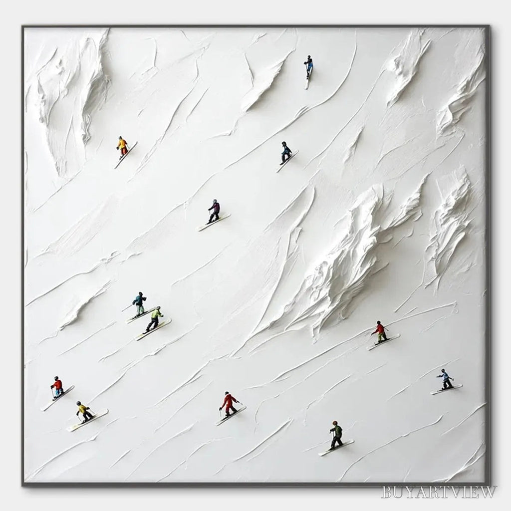 ARTOVITAS White Rush – Minimalist Skiing Painting on Textured Square Canvas - image 1