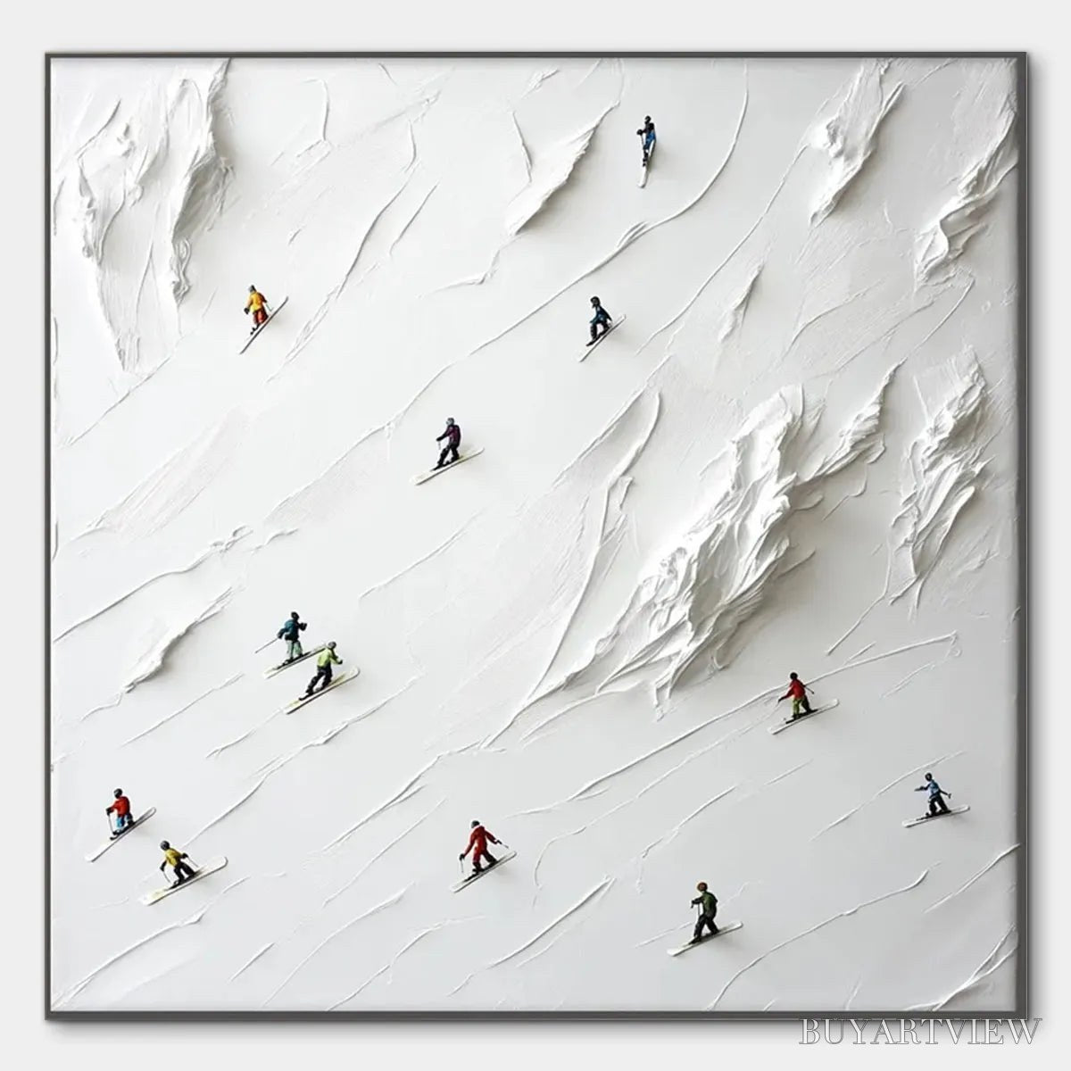 ARTOVITAS White Rush – Minimalist Skiing Painting on Textured Square Canvas - image 1