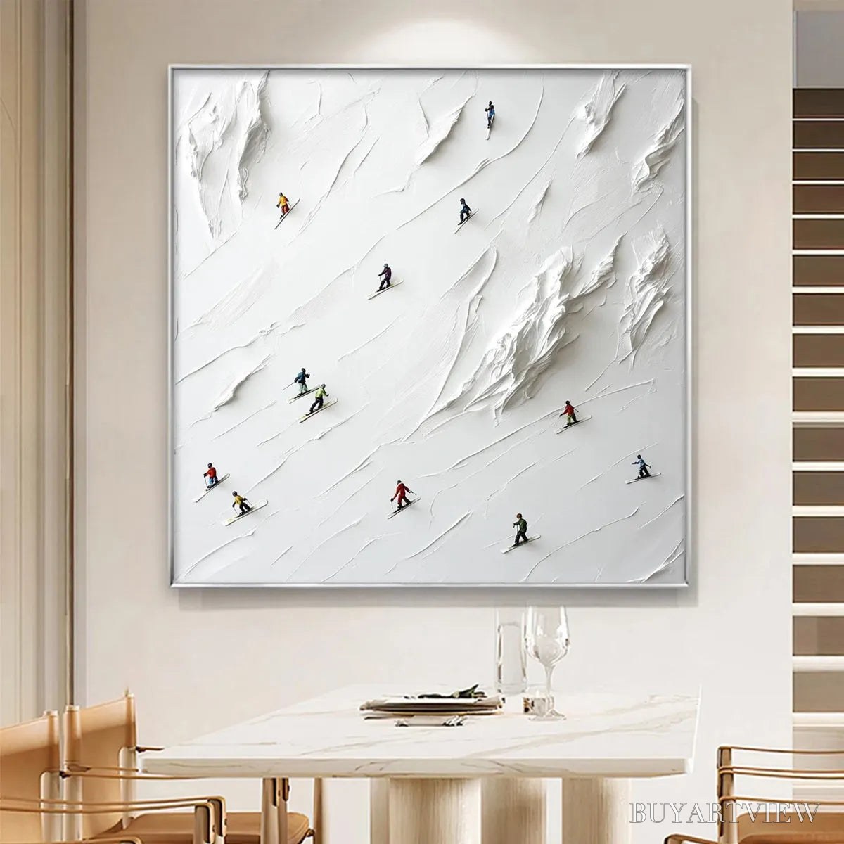 ARTOVITAS White Rush – Minimalist Skiing Painting on Textured Square Canvas - image 2