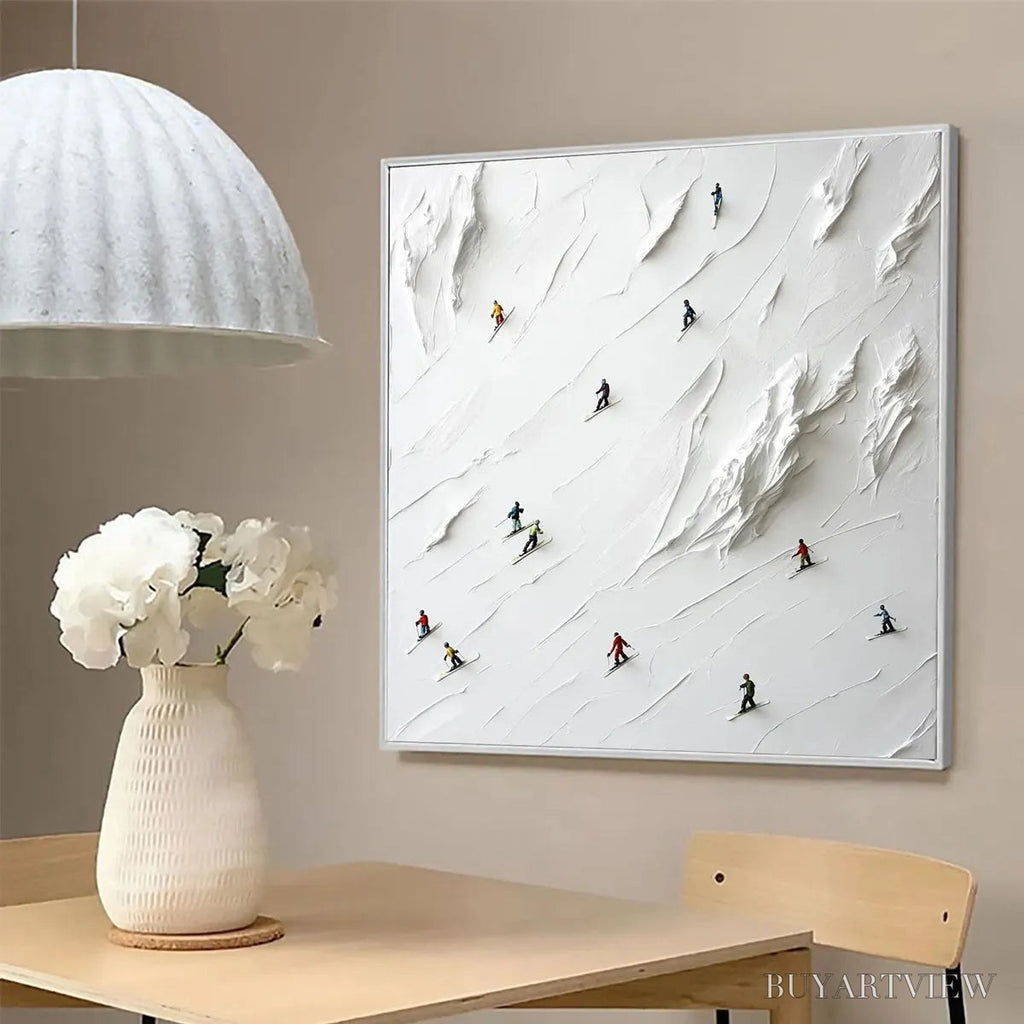 ARTOVITAS White Rush – Minimalist Skiing Painting on Textured Square Canvas - image 4