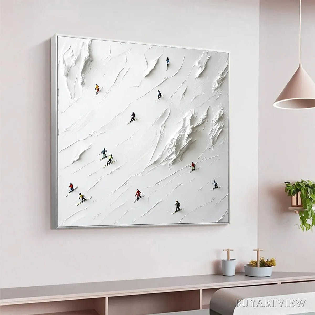 ARTOVITAS White Rush – Minimalist Skiing Painting on Textured Square Canvas - image 5