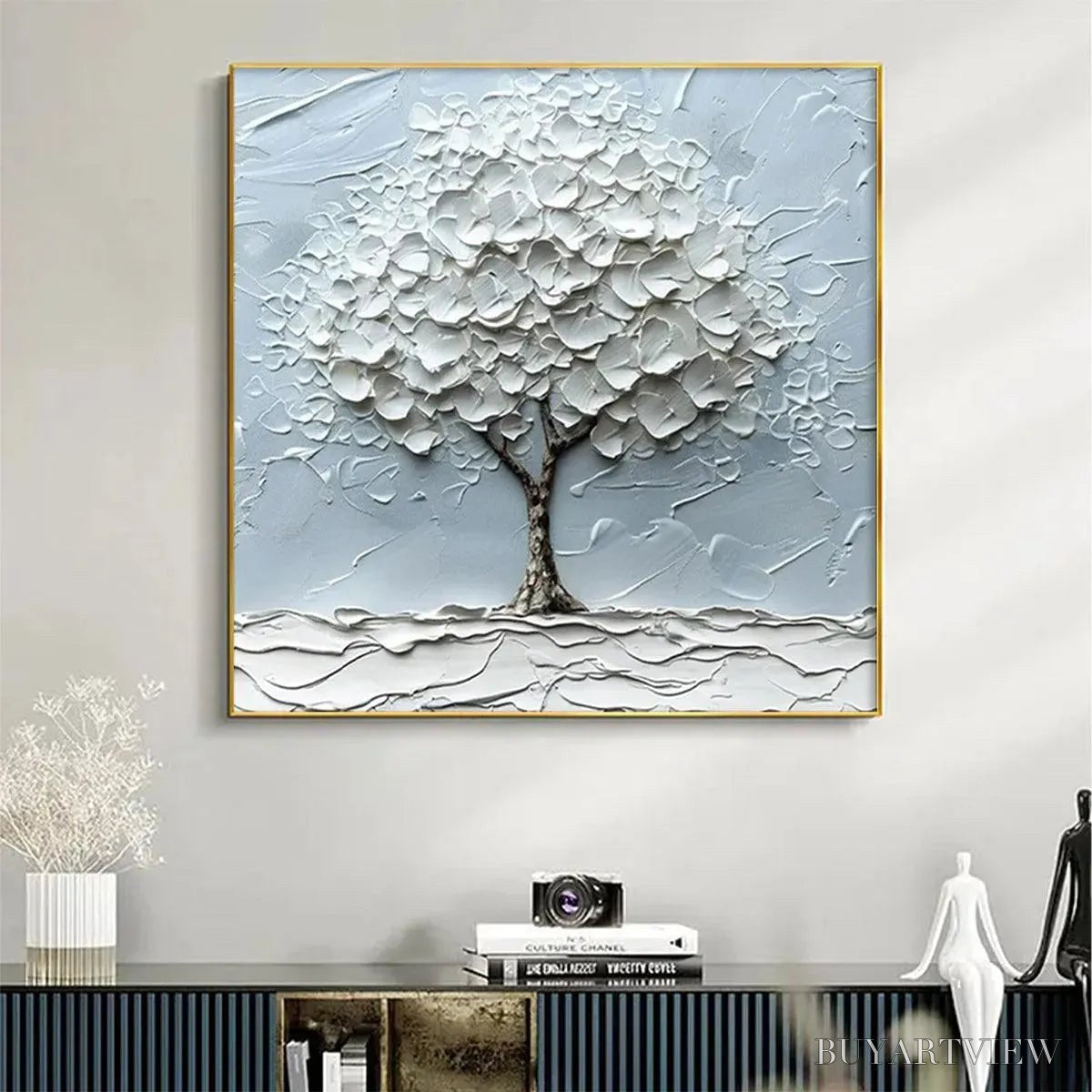 ARTOVITAS Winter'S Embrace – Textured Tree Painting, Impasto , Square Canvas, Winter Decor, Minimalist Art - image 3