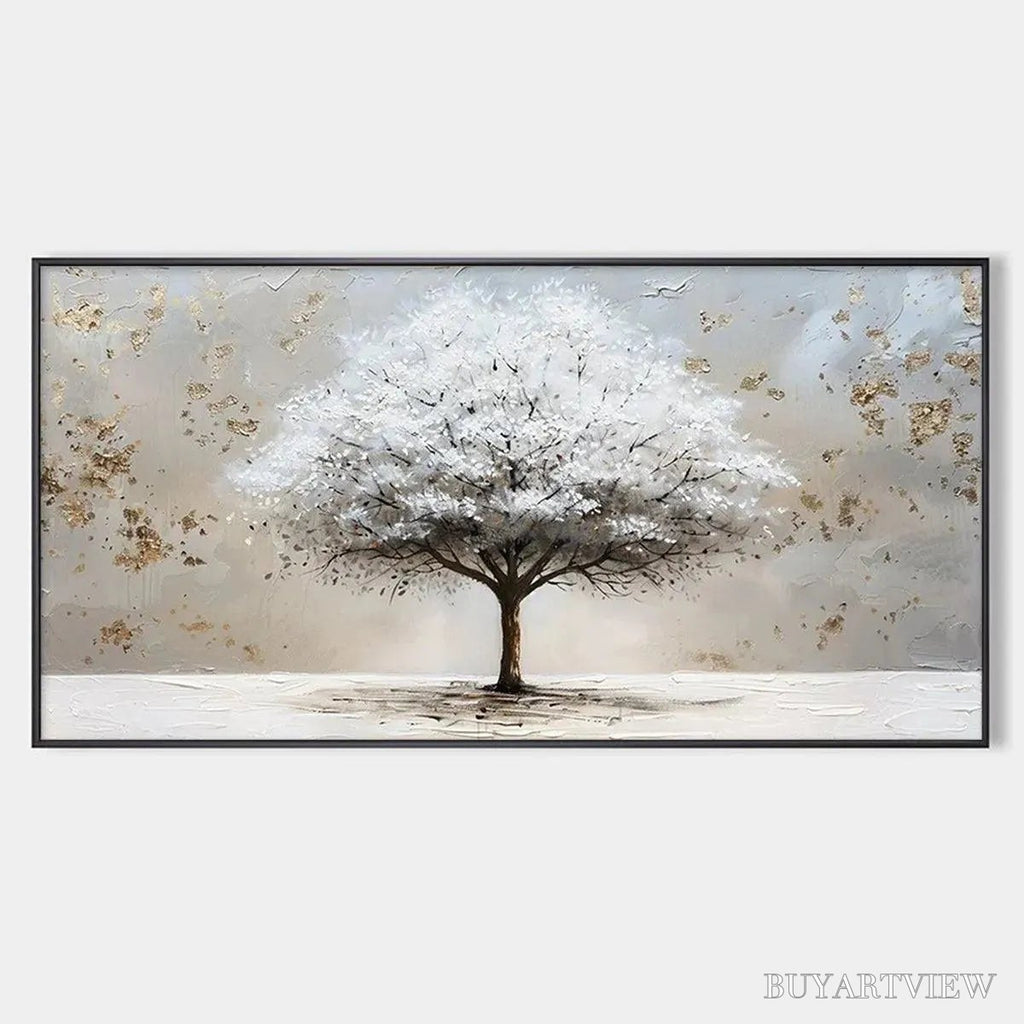 ARTOVITAS Winter'S Grace – Textured White Tree Painting with Gold Accents on Beige - image 1