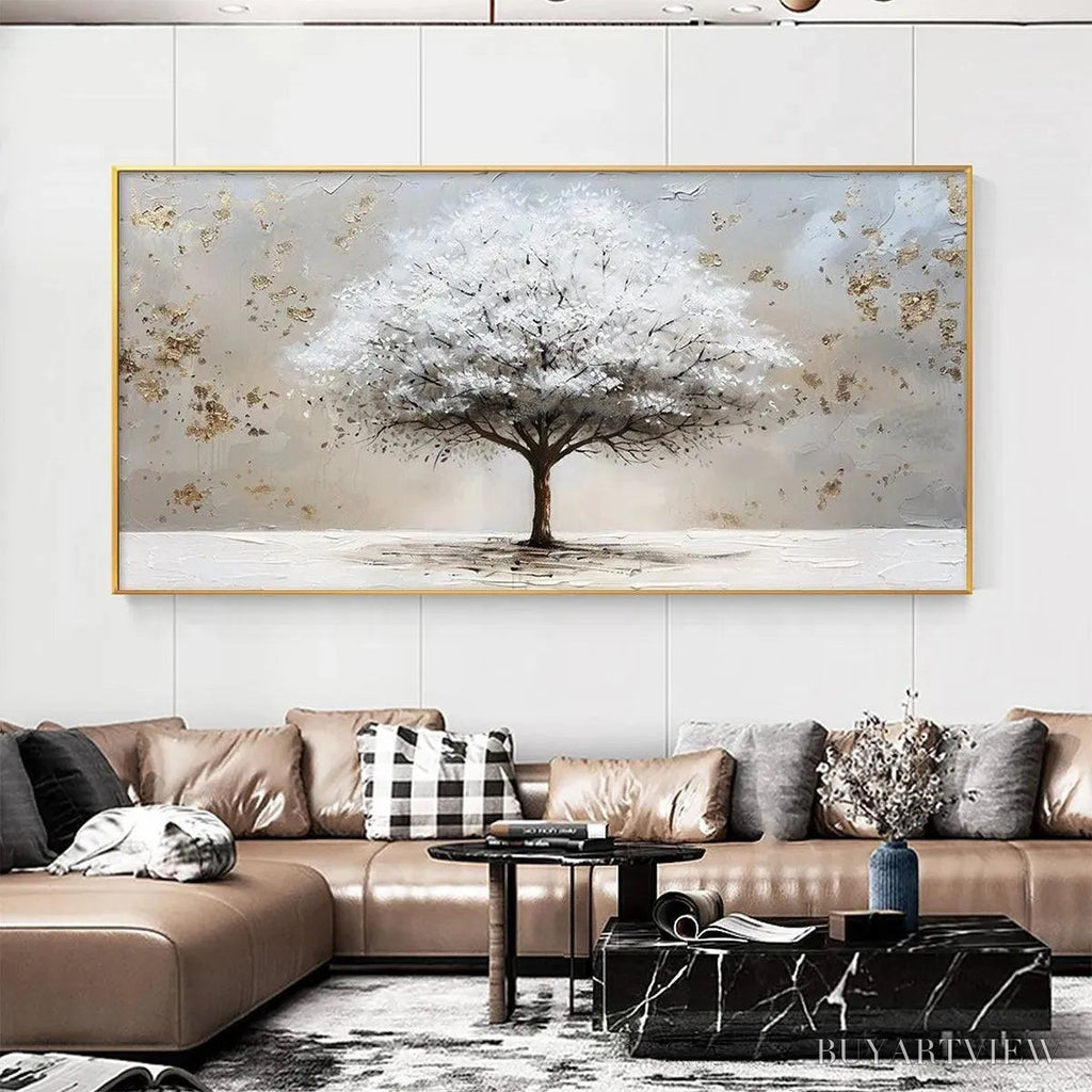 ARTOVITAS Winter'S Grace – Textured White Tree Painting with Gold Accents on Beige - image 2
