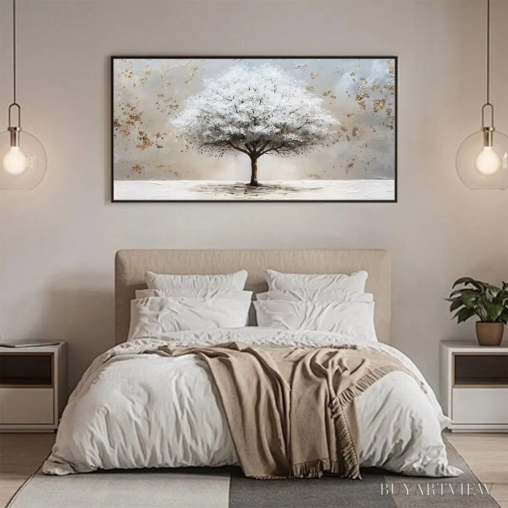 ARTOVITAS Winter'S Grace – Textured White Tree Painting with Gold Accents on Beige - image 4