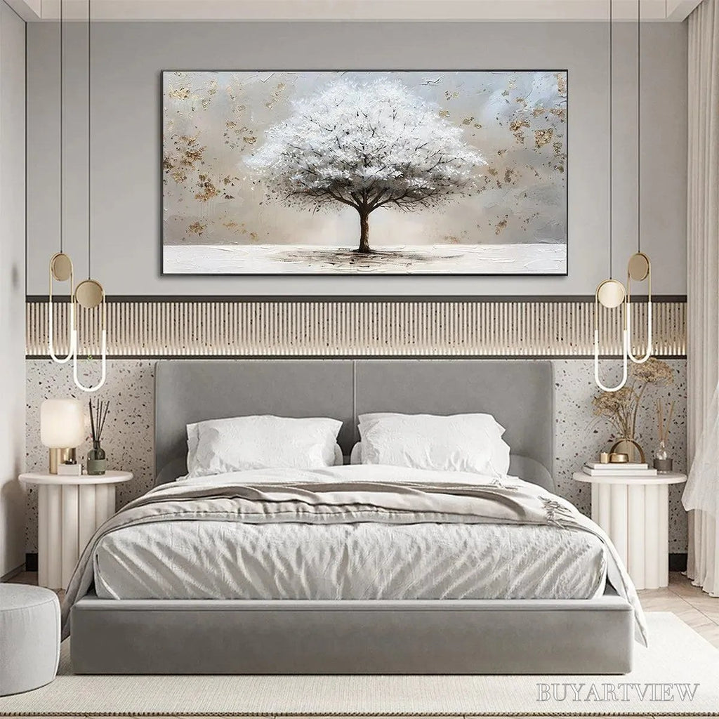 ARTOVITAS Winter'S Grace – Textured White Tree Painting with Gold Accents on Beige - image 6
