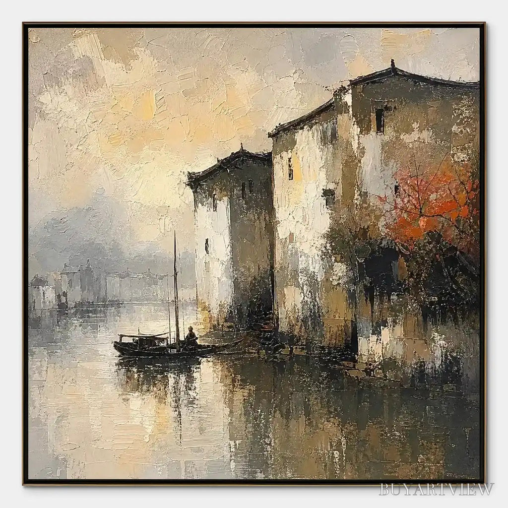 ARTOVITAS Fogbound Canal – Misty European Cityscape Painting - image 1