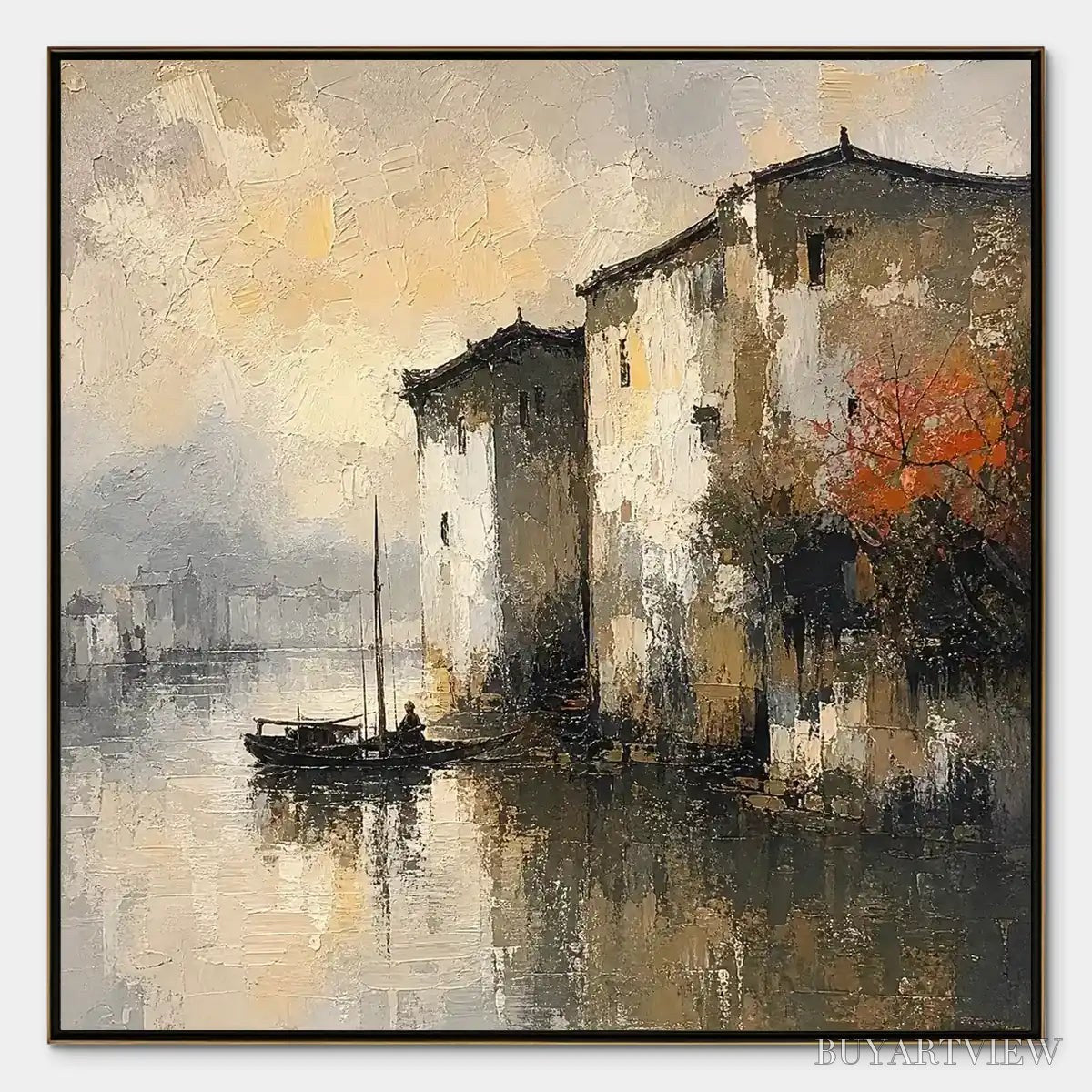 ARTOVITAS Fogbound Canal – Misty European Cityscape Painting - image 1