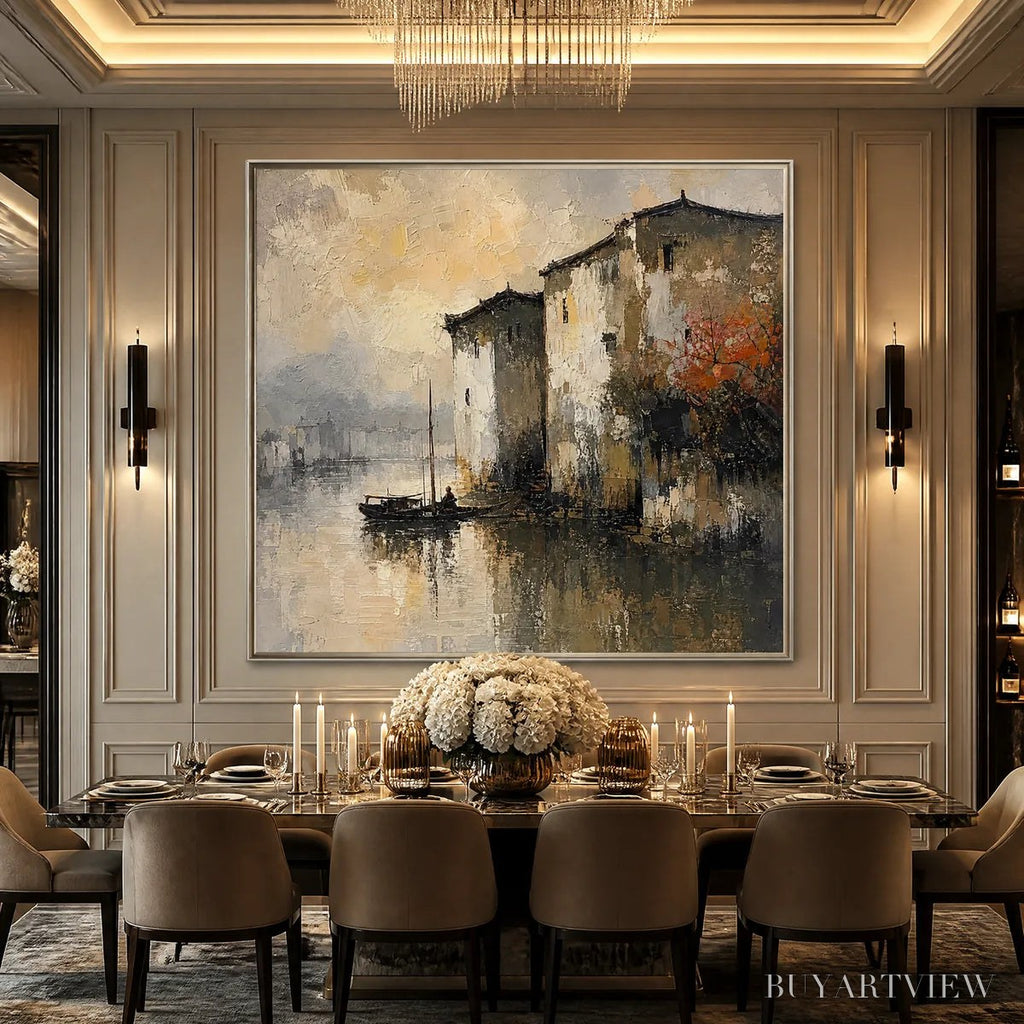 ARTOVITAS Fogbound Canal – Misty European Cityscape Painting - image 2