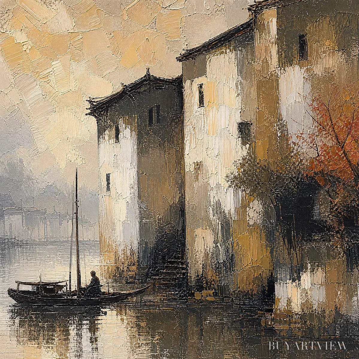 ARTOVITAS Fogbound Canal – Misty European Cityscape Painting - image 3