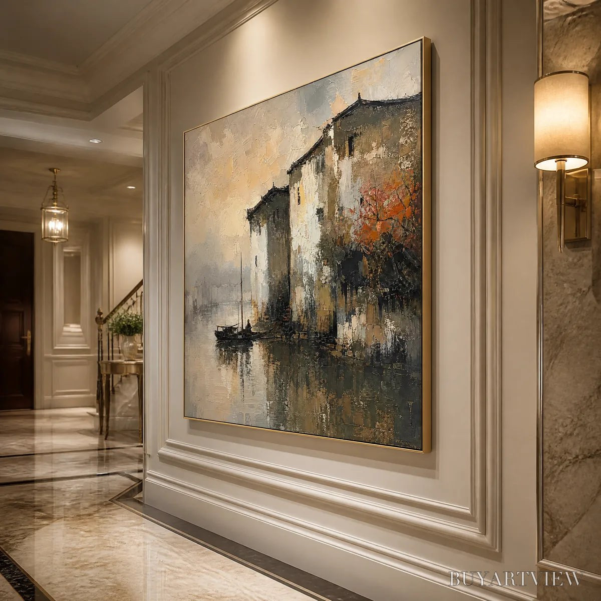 ARTOVITAS Fogbound Canal – Misty European Cityscape Painting - image 4