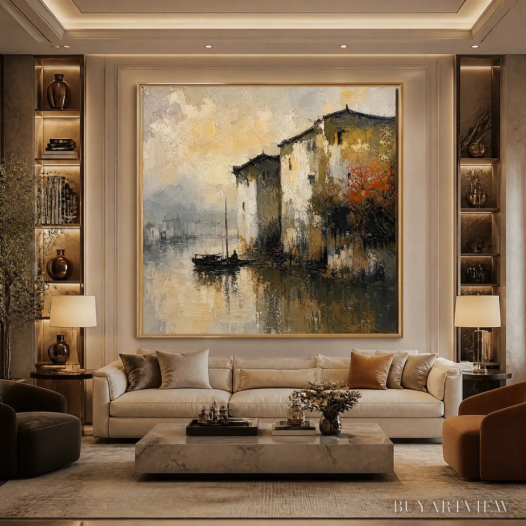 ARTOVITAS Fogbound Canal – Misty European Cityscape Painting - image 5